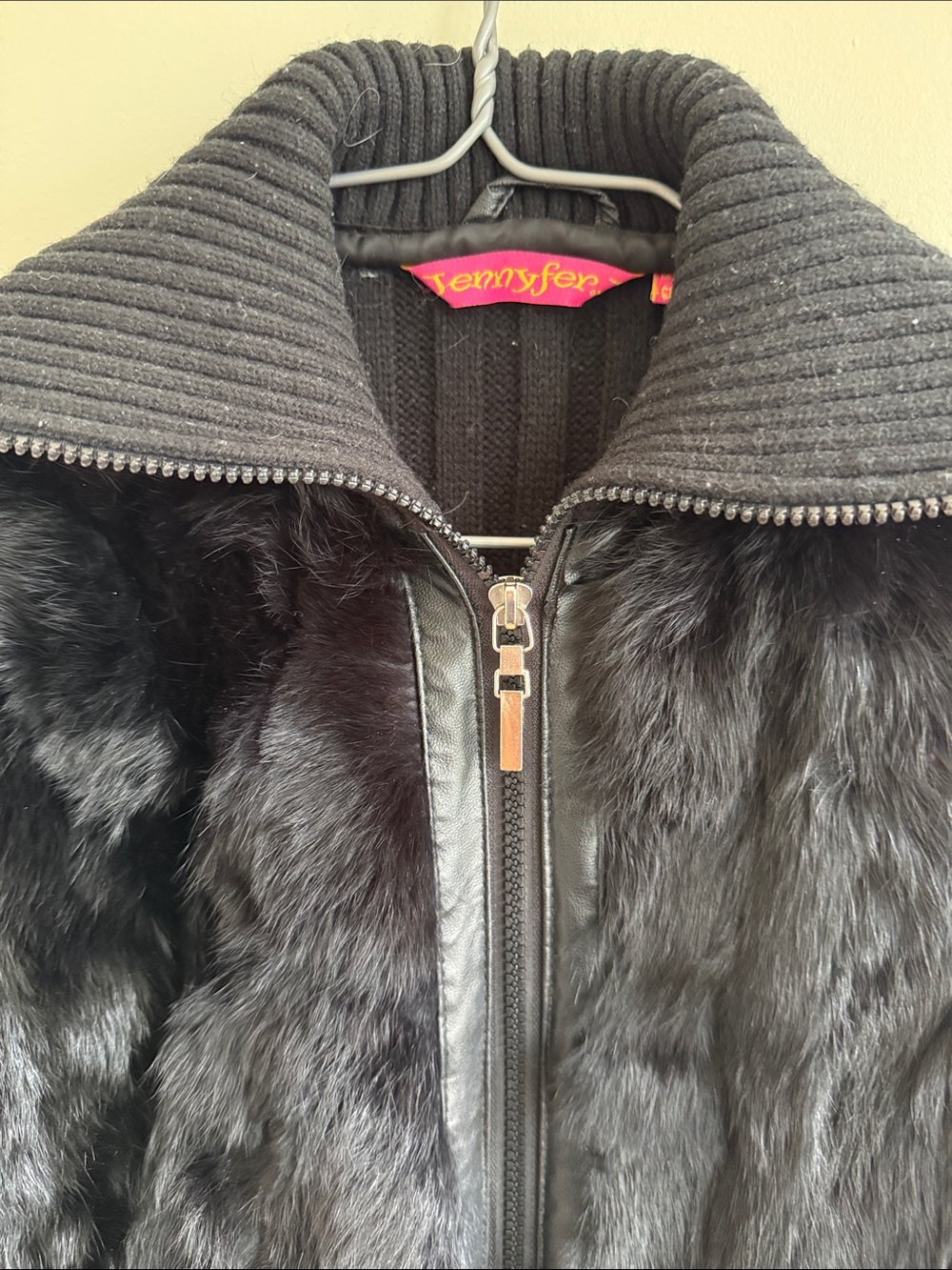 Black Rabbit Fur Ribbed Zip-Up Jacket - Picture 9 of 9